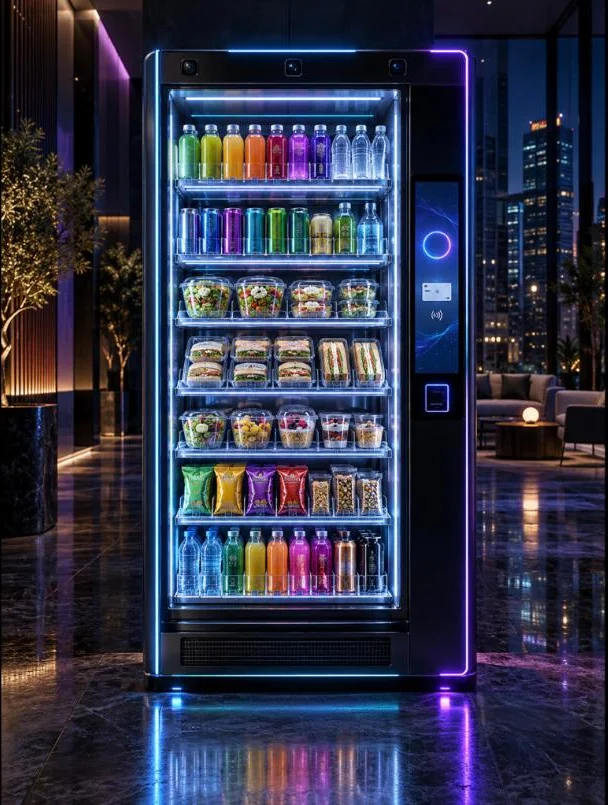 Illustration of a modern smart vending cooler with neon lighting, stocked with drinks, salads, sandwiches, and snacks